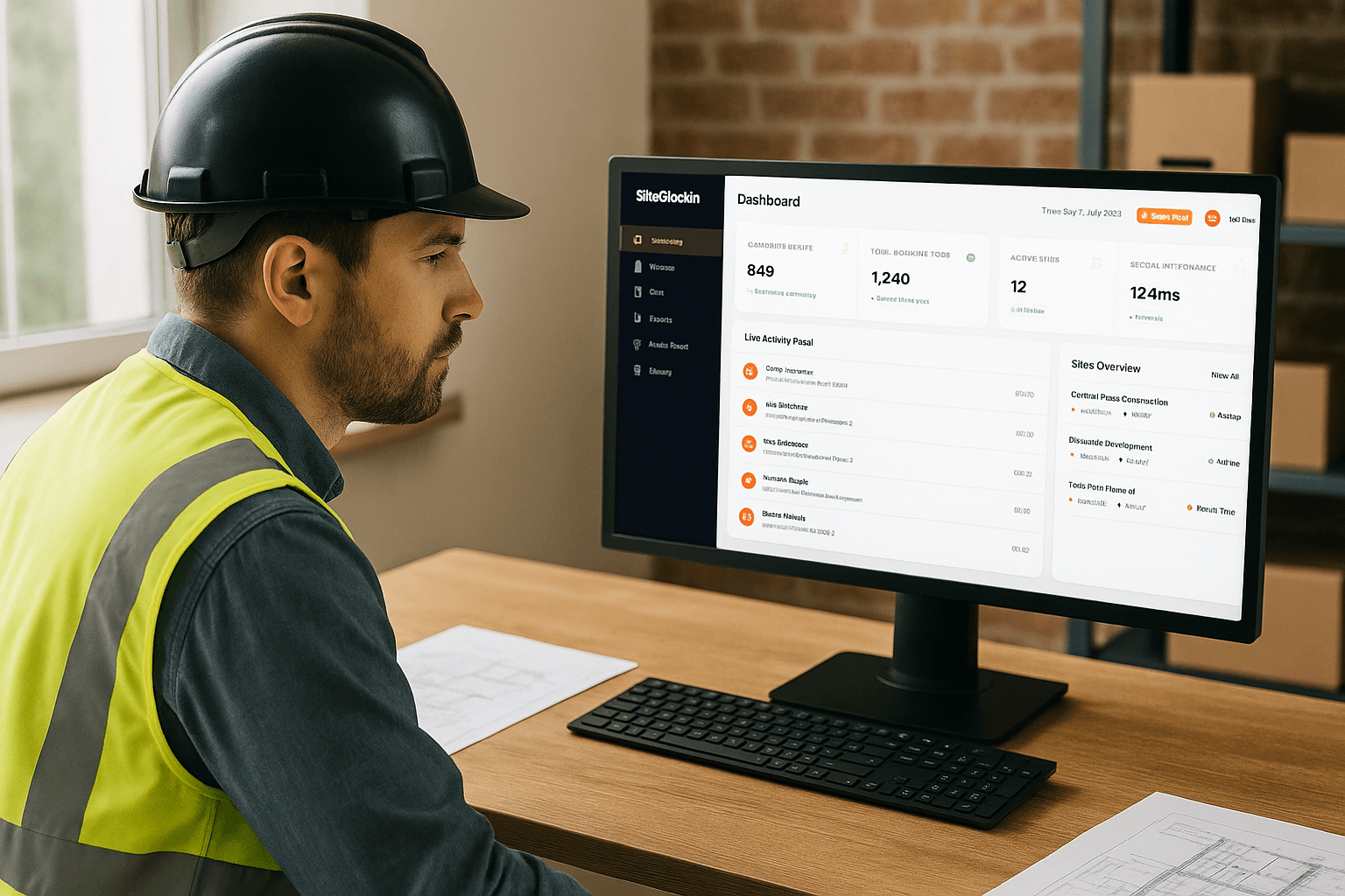 Construction site manager viewing SiteClockIn dashboard with real-time worker attendance and project tracking